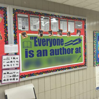banner1 Building Wings Building Wings Poster board in a school with text that reads Everyone is an author at with the name of the school blurred out
