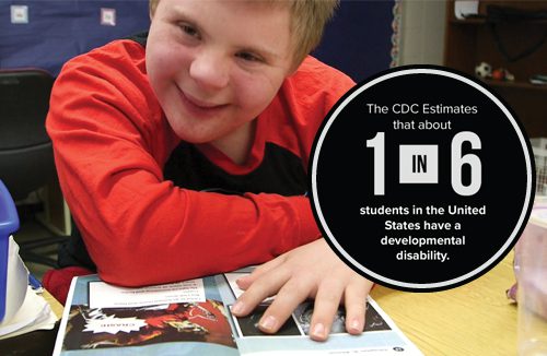 Student at a desk reading a Readtopia book with a black circular icon with text overlay that reads: "The CDC estimates that about 1 in 6 students in the United States have a Developmental issue."