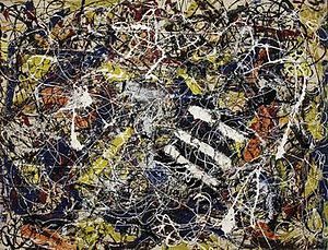 A drip oil painting by Jackson Pollock on fiberboard.