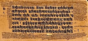 Sanskrit written out on antique paper.