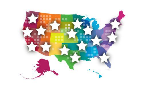 A multi colored map of the United States with white stars across the country.
