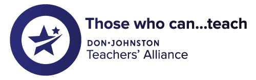 Dark blue Don Johnston Teacher's Alliance logo with text to the right of it that reads: "Those can... teach. Don Johnston Teacher's Alliance."