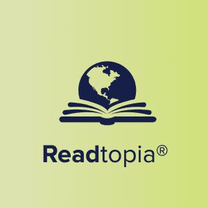 Dark blue Readtopia logo on a light green square background.