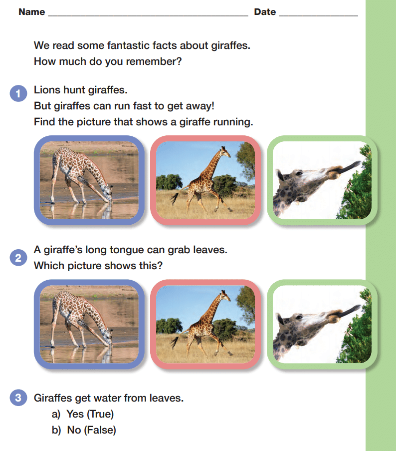 Lesson page from Readtopia thematic Unit - Bodies that Work about giraffes, with a matching activity