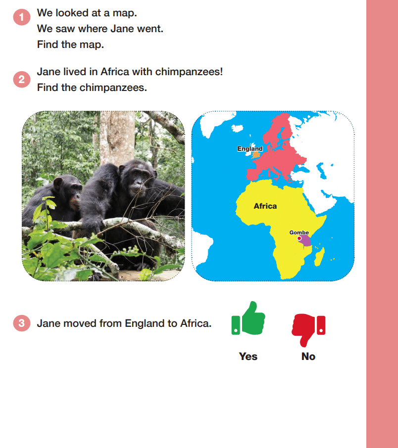 Lesson page from Readtopia thematic unit Bodies that Work, with a geography activity about chimpanzees in Africa.