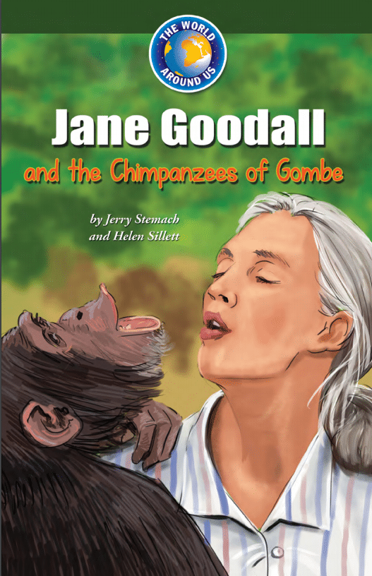 Cover of "Jane Goodall and the Chimpanzees of Gombe" by Jerry Stemach and Helen Sillett with animated image of Jane Goodall and a chimpanzee.