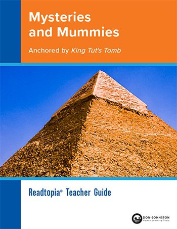 Cover of "Readtopia Teacher Guide: Mysteries and Mummies Anchored by King Tut's Tomb" with image of a pyramid.