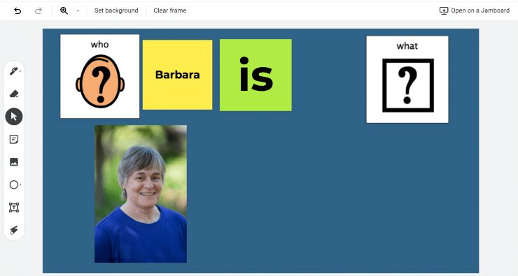 Teacher created Jamboard lesson with get to know you elements on a blue background.
