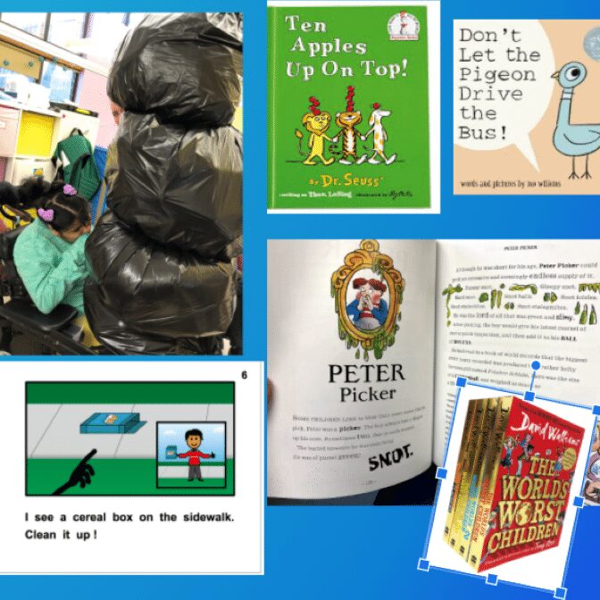 Collage of early reader books and a picture of a student in classroom, all over a blue background.