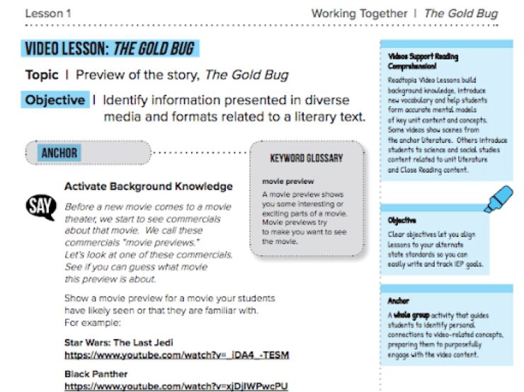 Lesson page from Readtopia Thematic Unit "Working Together Anchored by The Gold Bug"