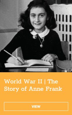 Cover of World War II The Story of Anne Frank, with black and white image of Anne Frank.