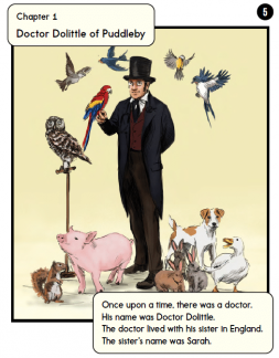 A page of a book with a cartoon Dr. Dolittle holding a parrot with other animals around him. Text reads: "Chapter 1 Doctor Dolittle of Puddleby. Once upon a time, there was a doctor. His name was Doctor Dolittle. The doctor lived with his sister in England. The sister's name was Sarah."