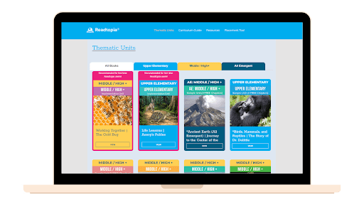 Readtopia Homepage Graphic laptop showing the home page of readtopia, a program to help young learners with autism.