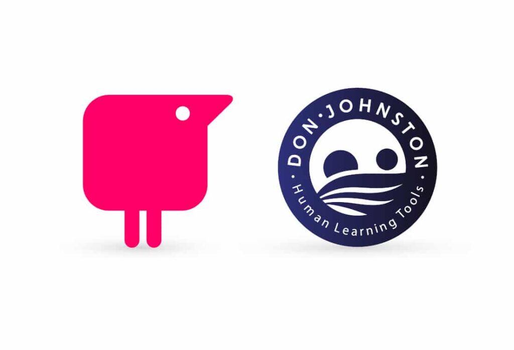 Bright pink Texthelp logo next to Dark blue circular Don Johnston logo.