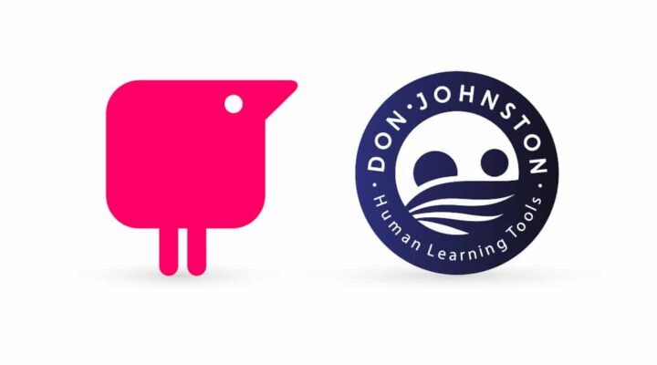 Bright pink Texthelp logo next to Dark blue circular Don Johnston logo.