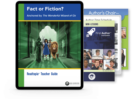Cover of Readtopia Teacher Guide "Fact or Fiction Anchored by The Wonderful Wizard of Oz" on a tablet screen with other First Author materials to the right of the tablet.
