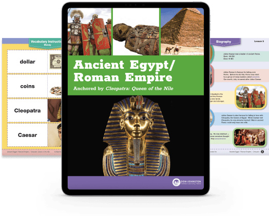 A tablet shows the cover of Readtopia's "Ancient Egypt/Roman Empire Anchored by Cleopatra: Queen of the Nile" with images of King Tut and the pyramids. On either side of the tablet two pages with lesson activities from the thematic unit can be seen.