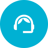 White customer support headset icon in an aqua blue circular background.