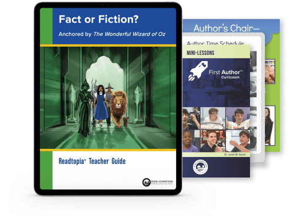 Cover of Readtopia Teacher Guide Fact or Fiction Anchored by The Wonderful Wizard of Oz on a tablet screen with other First Author materials to the right of the tablet