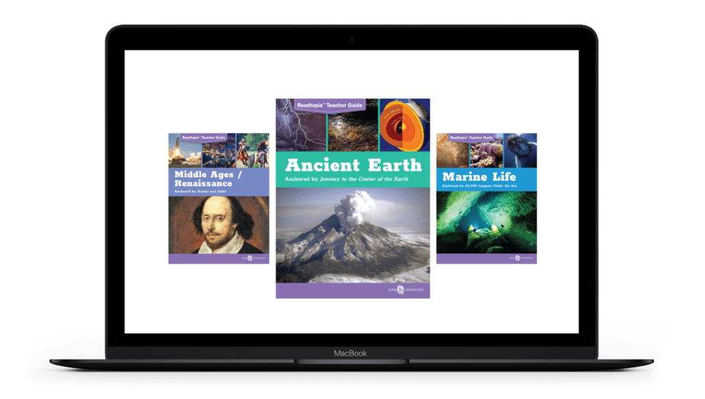 An open laptop with the covers of Readtopia "Ancient Earth, Middle Ages/Renaissance, and Marine Life" Thematic Units on the screen in front of a white background.