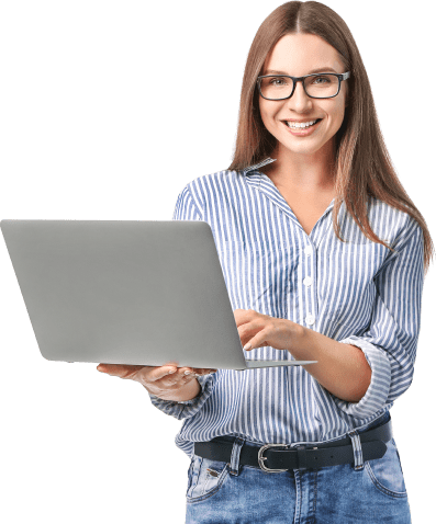 WebinarsBanner Building Wings Building Wings A girl wearing glasses in a blue striped button down shirt smiles at the camera while holding on open grey laptop