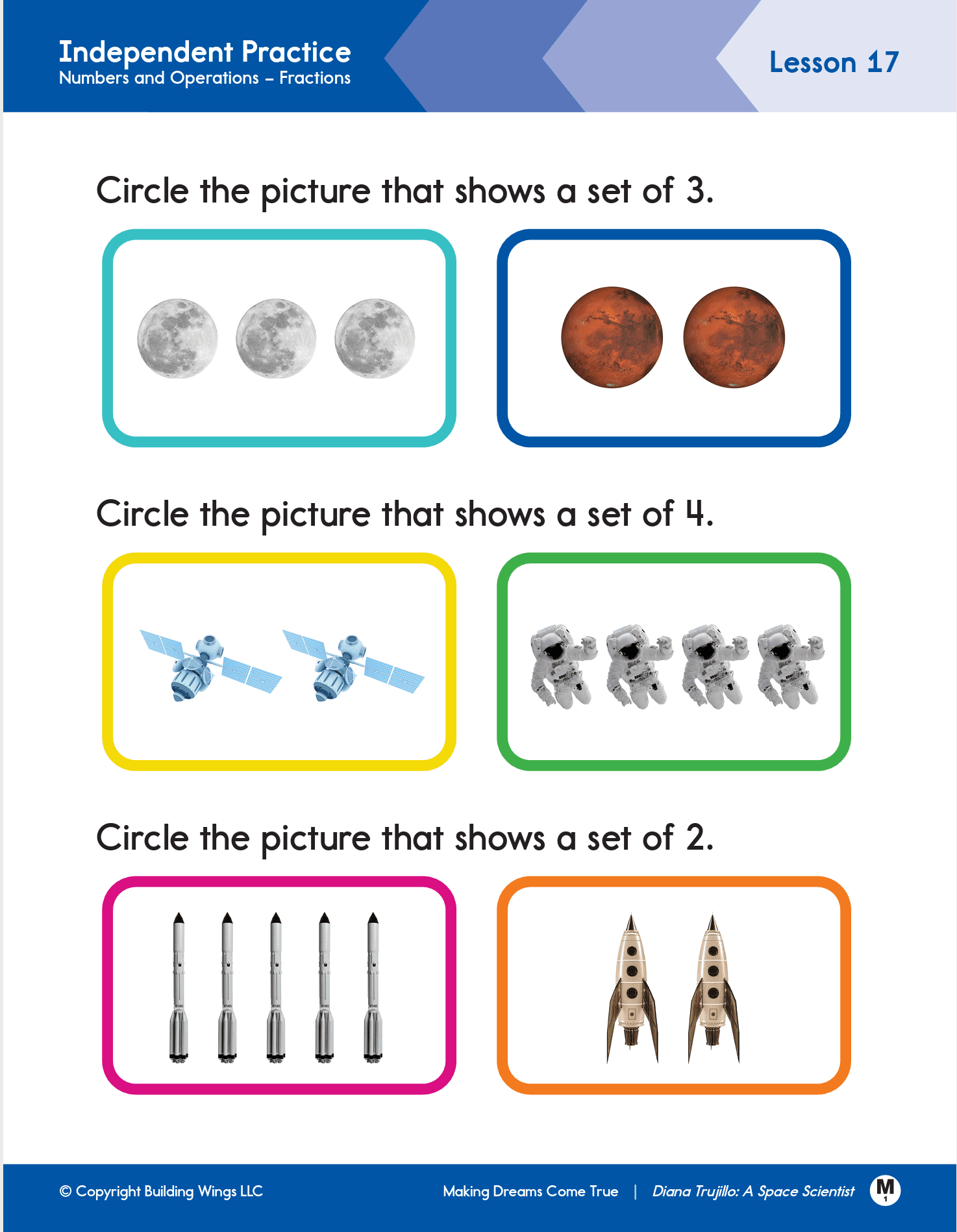 Readtopia independent practice Screenshot of Readtopia independant practice math lesson, with pictures depicting different amounts of items to count.