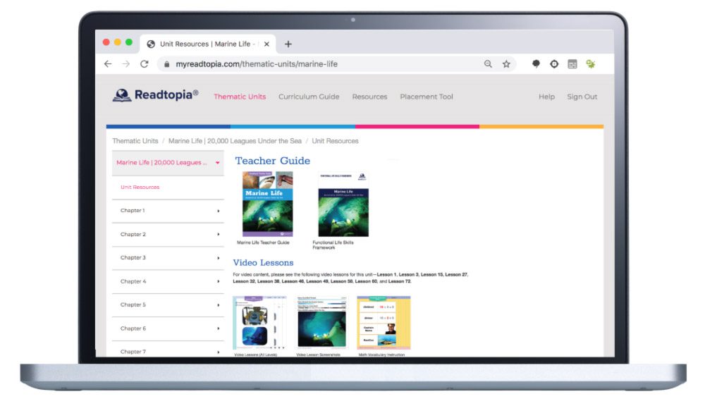An open computer screen shows the Readtopia website open to the the Thematic Units Teacher Guide page