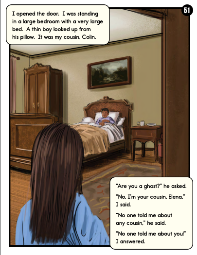Page 51 from level 5 of the graphic novel, The Secret Gardener showing a young boy in bed looking toward a women coming through his bedroom door.