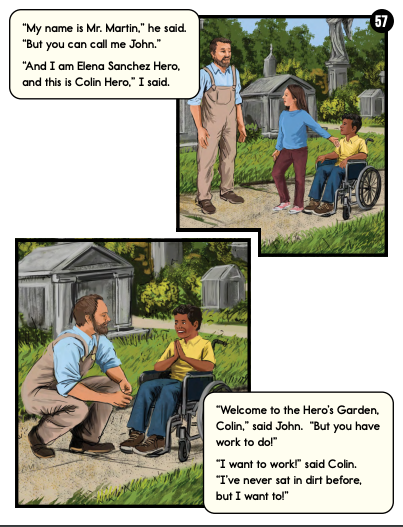 Page 57 from level 5 of the graphic novel, The Secret Gardener with two images. One a young boy in a wheelchair looking toward a man with a woman by his side and another image with a boy in a wheelchair looking toward a man who is kneeling down beside him.