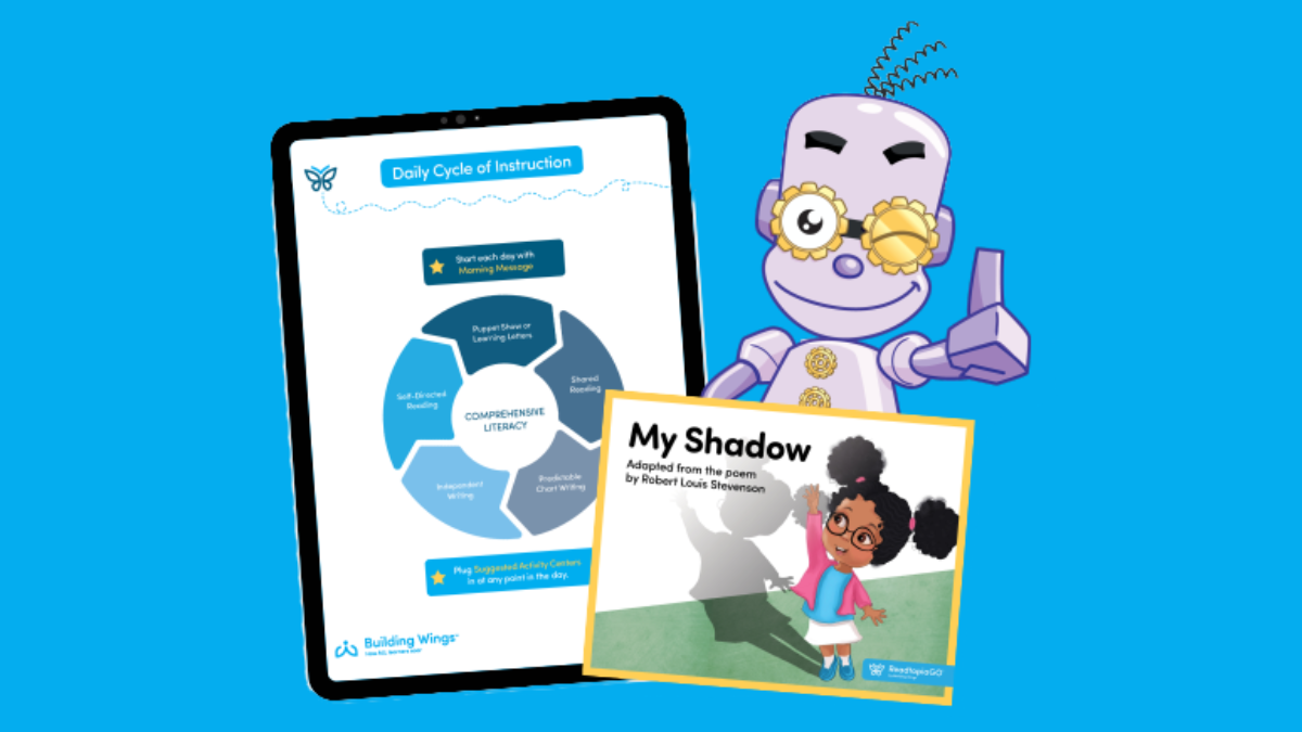 Medium blue background with a tablet showing the ReadtopiaGO Daily Cyce of Instruction, Geartrude a purple puppet and the My Shadow Book Cover.