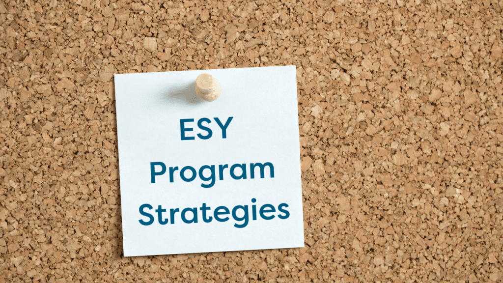 Cork board with a white sticky note affixed with a wooden push pin and text ESY Program Strategies