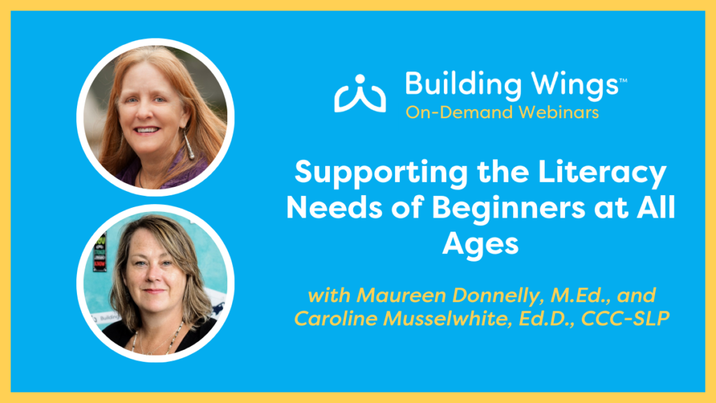 Blue background with yellow border - photo of Maureen Donnelly and Caroline Musslewhite with the title of their on-demand webinar: Supporting the Literacy Needs of Beginners at all ages