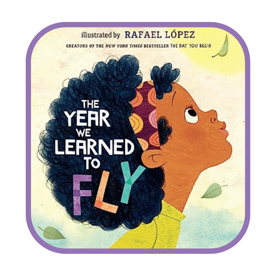Illustration of a young black learner looking upwards with the title: The Year We Learned to Fly by Jacqueline Woodson.