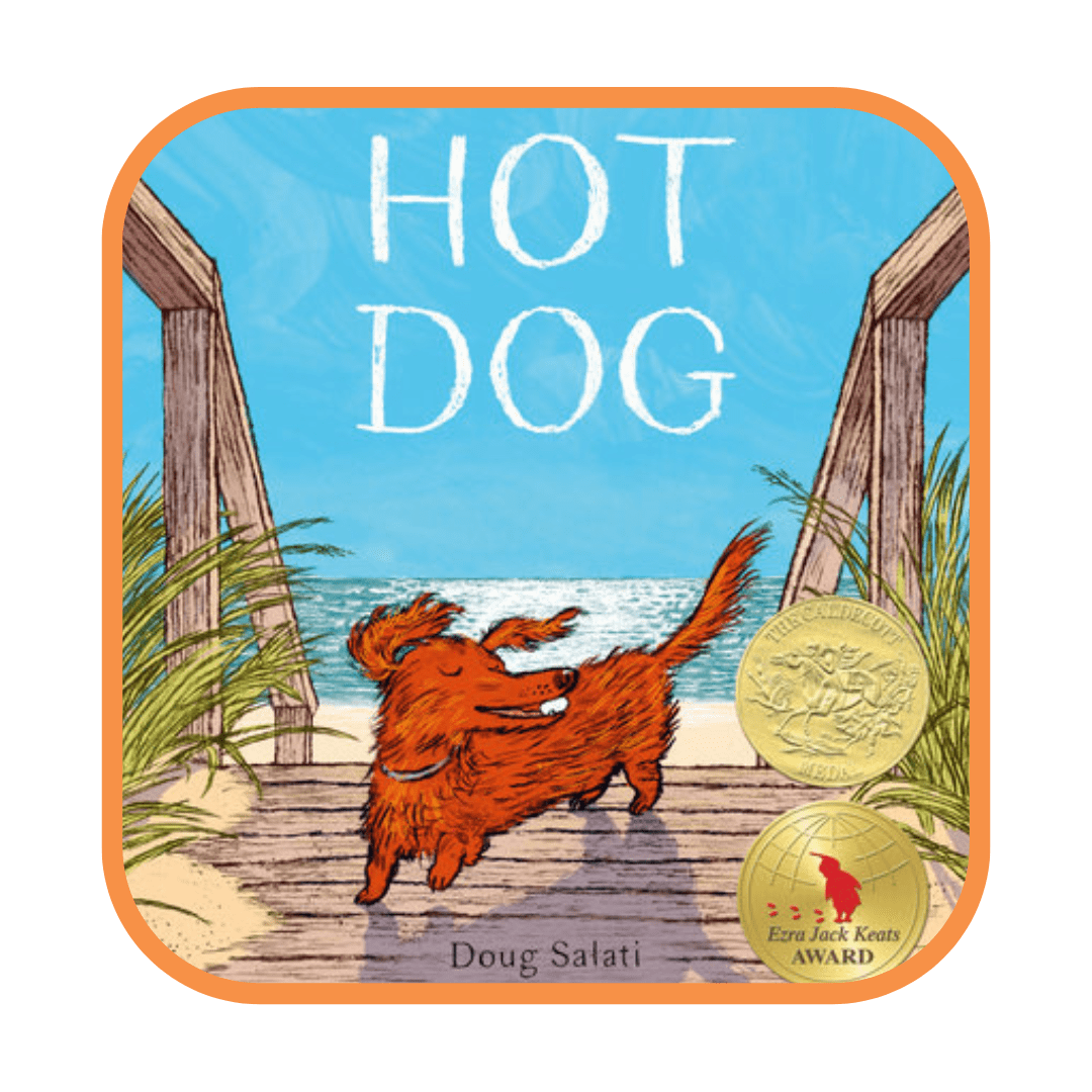 Illustration of a dog on a boardwalk on a beach with the book title - Hot Dog by Doug Salati
