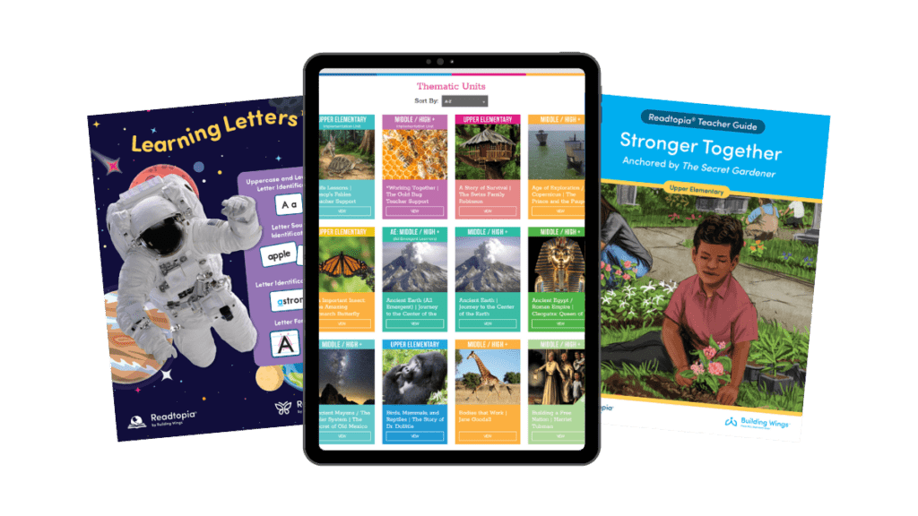 Readtopia Comprehensive Literacy Curriculum Materials - Building Wings - Building Wings sample instructional materials from Readtopia including a tablet in the middle showing some of the 30+ Readtopia units.