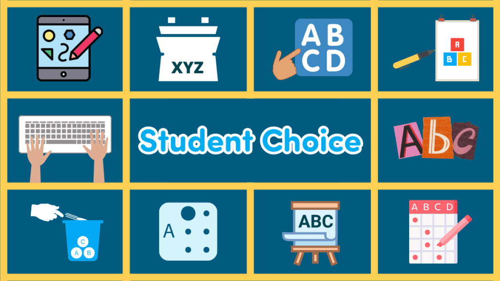 A blue background with yellow grids separating illustrations of alternative pencils with a center title: Student Choice