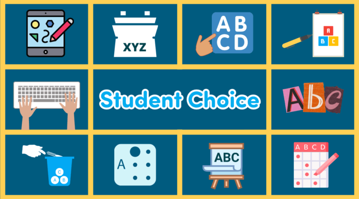 A blue background with yellow grids separating illustrations of alternative pencils with a center title: Student Choice