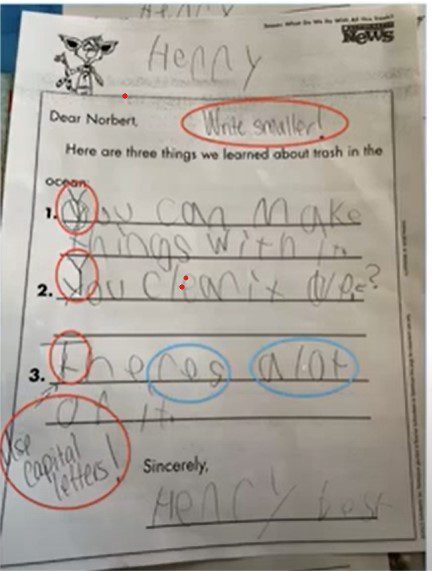 MicrosoftTeams-image 2 photograph of writing worksheet with student errors circled in red.