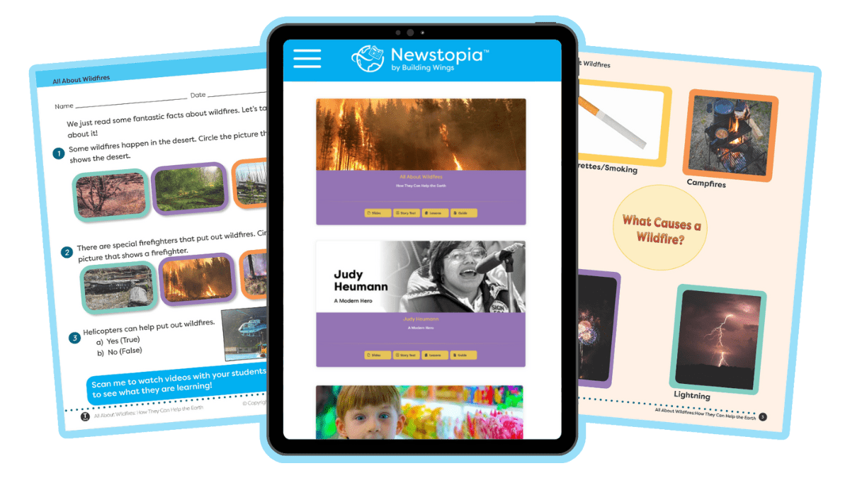 Newstopia Instructional Materials for Students with Complex Learning Needs - Building Wings - Building Wings Three examples of what educators who subscribe to Newstopia will receive including interesting news articles for students, examples of rich media and instructional materials related to a news article.