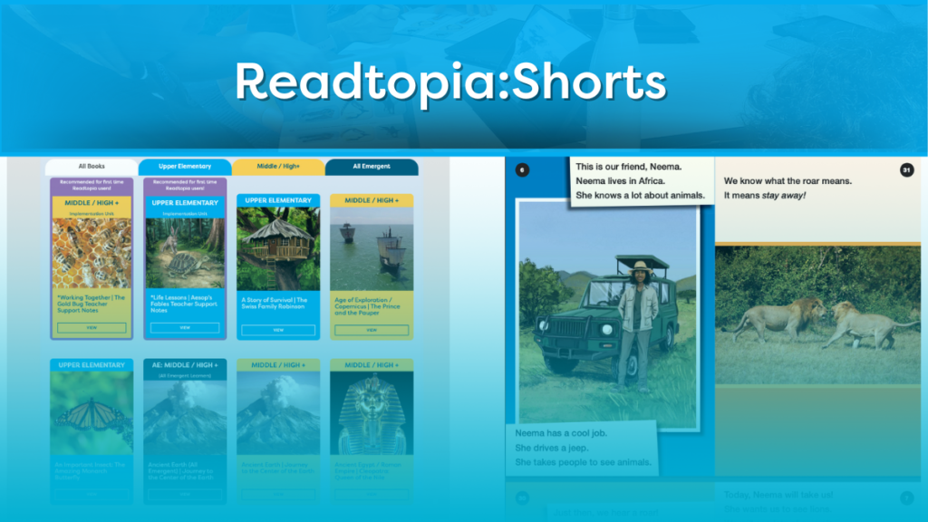 Two faded images of instructional materials from the Readtopia library for special educators including thumbnail images of Readtopia book covers and a sample page of a Readtopia:Short graphic novel