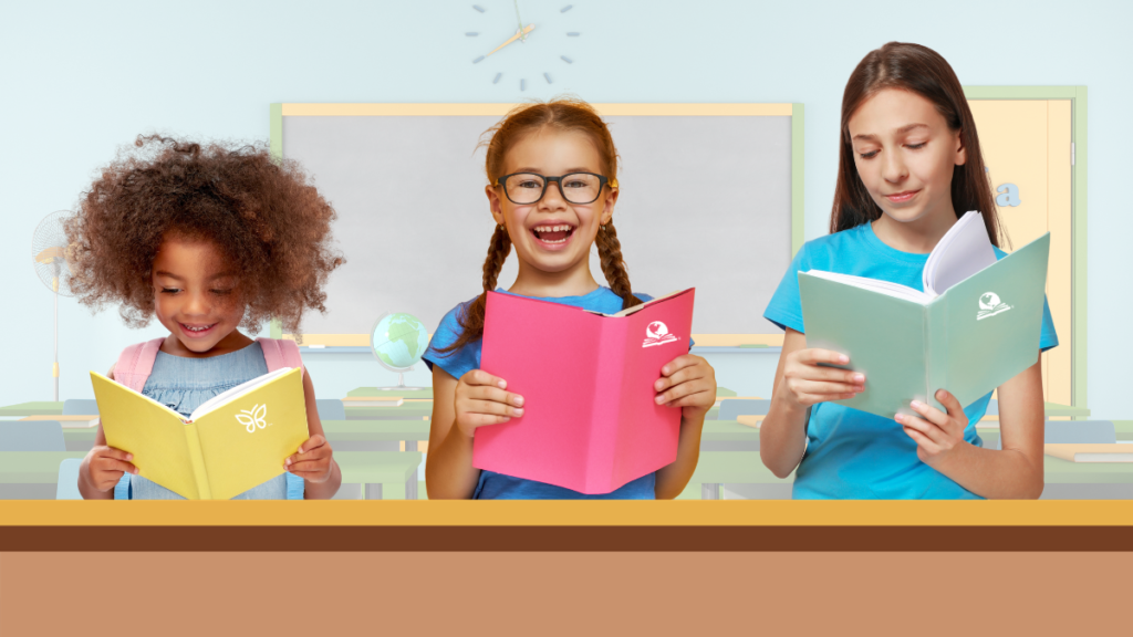 An age progression of three female students participating in literacy instruction all reading books ranging from a young learner on the left to a a high school_+ learner on the right