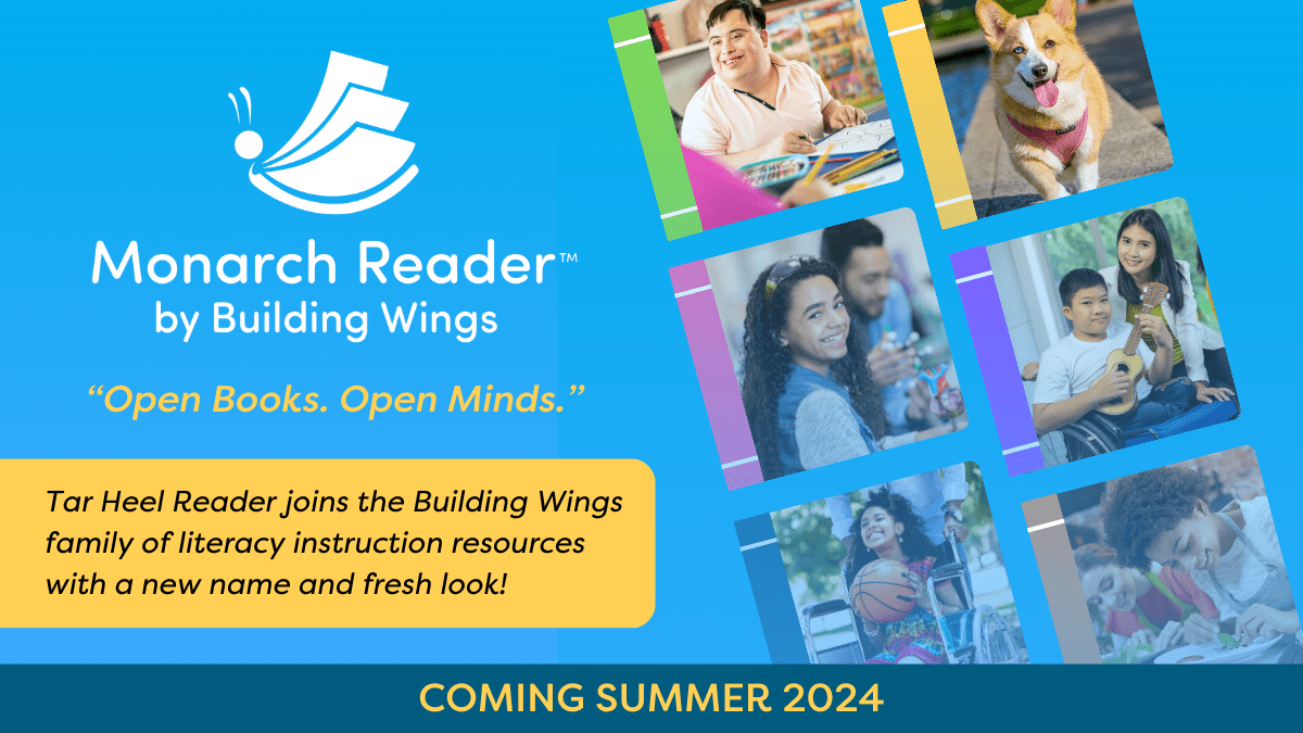 A blue background with images of accessible books for beginning readers and for shared reading titled Monarch Reader by Building Wings.