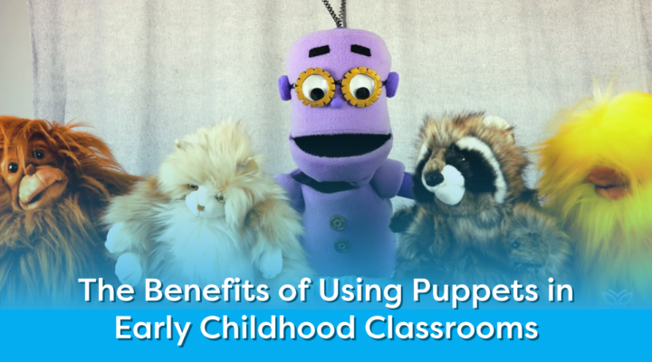 Colorful puppets including the purple robot from ReadtopiaGO with text overlay: Benefits of Using Puppets in Early Childhood Classrooms