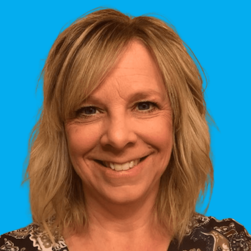 Blue background with a headshot of Jan Pilling, a woman with shoulder-length blonde hair.