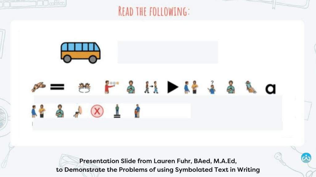 Presentation Slide from Lauren Fuhr BAed MAEd to Demonstrate the Problems of using Symbolated Text in Writing - 1