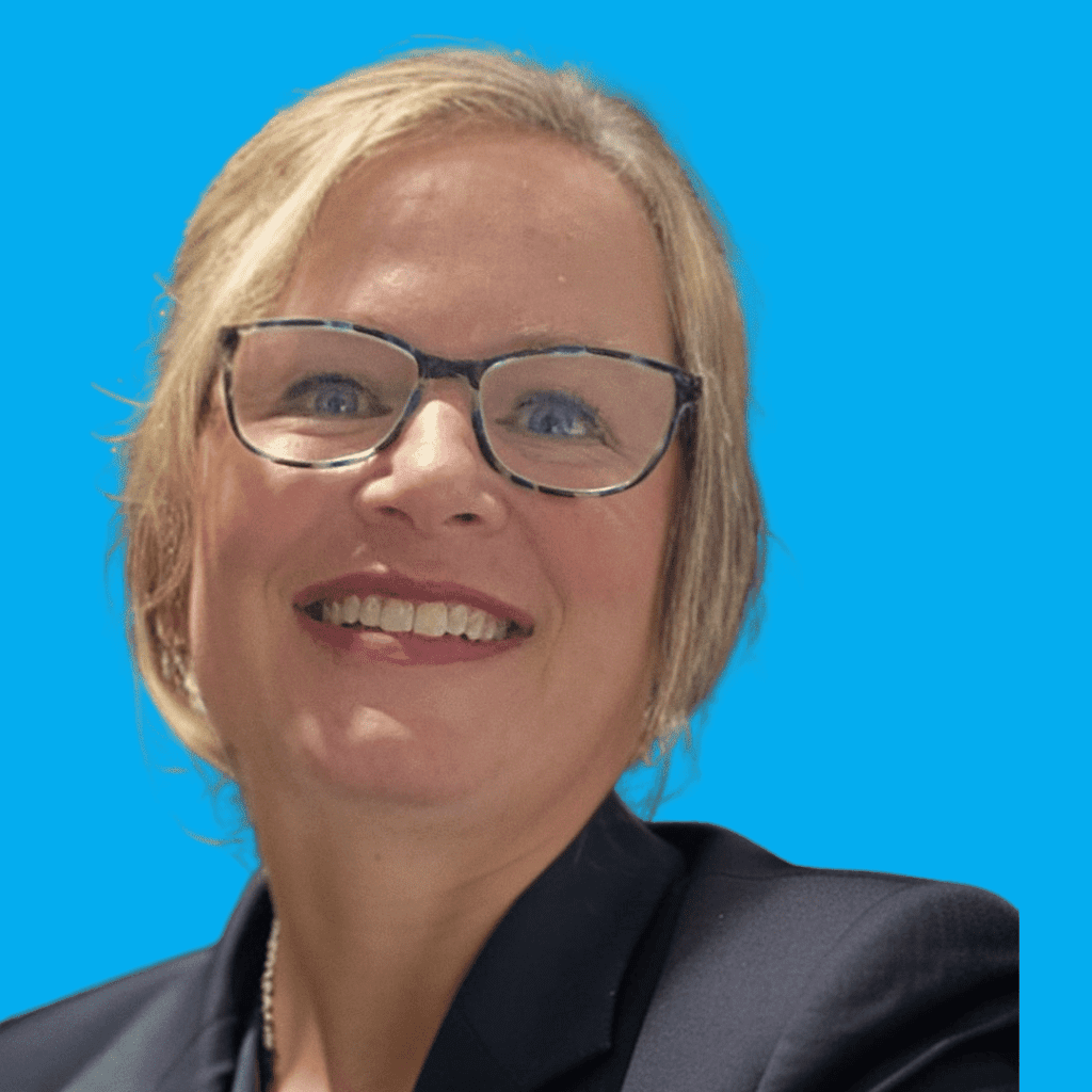 Blue background with a headshot of Tiffanie Zaugg - a woman wearing glasses and and a suit jacket with blonde hair.