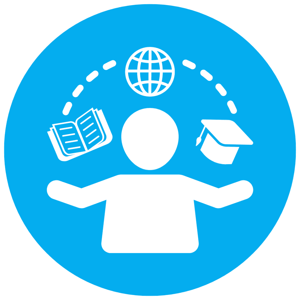 Blue icon with illustration of a person juggling books, a globe and a graduation cap depicting how News Currents builds background knowledge.