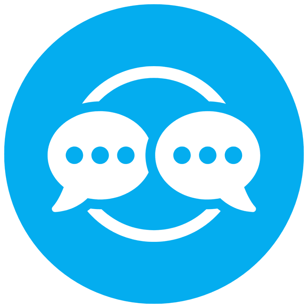 Blue icon with white conversation bubbles depicting how News Currents facilitates communication and discussion.