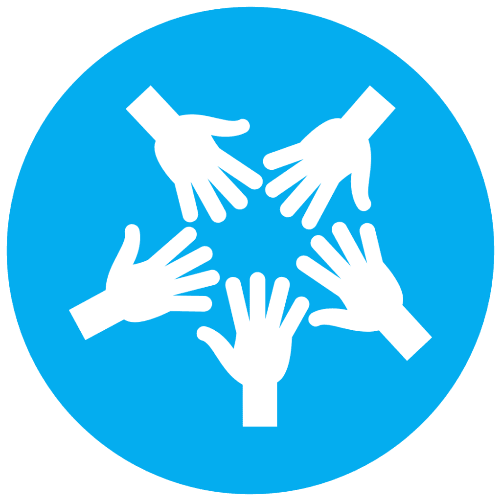 Blue icon with illustrations of five hands depicting student engagement with Newstopia.