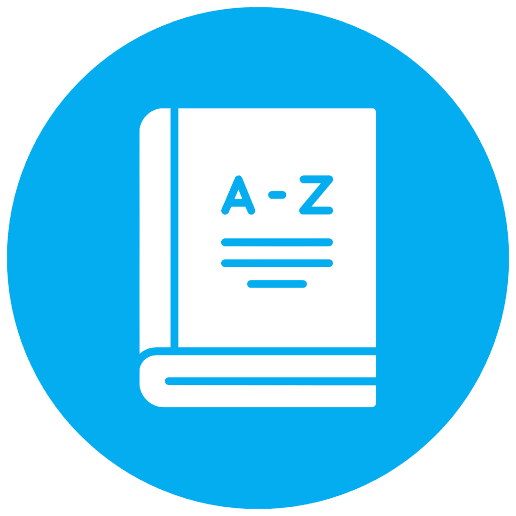 Blue icon with an illustration of a book with A-Z on the cover depicting how News Currents builds vocabulary.